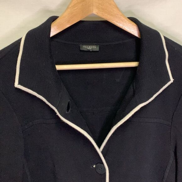 Talbots Black Ivory Trim Button Front Collared Sweater Knit Lady Jacket Size MP - Picture 5 of 14